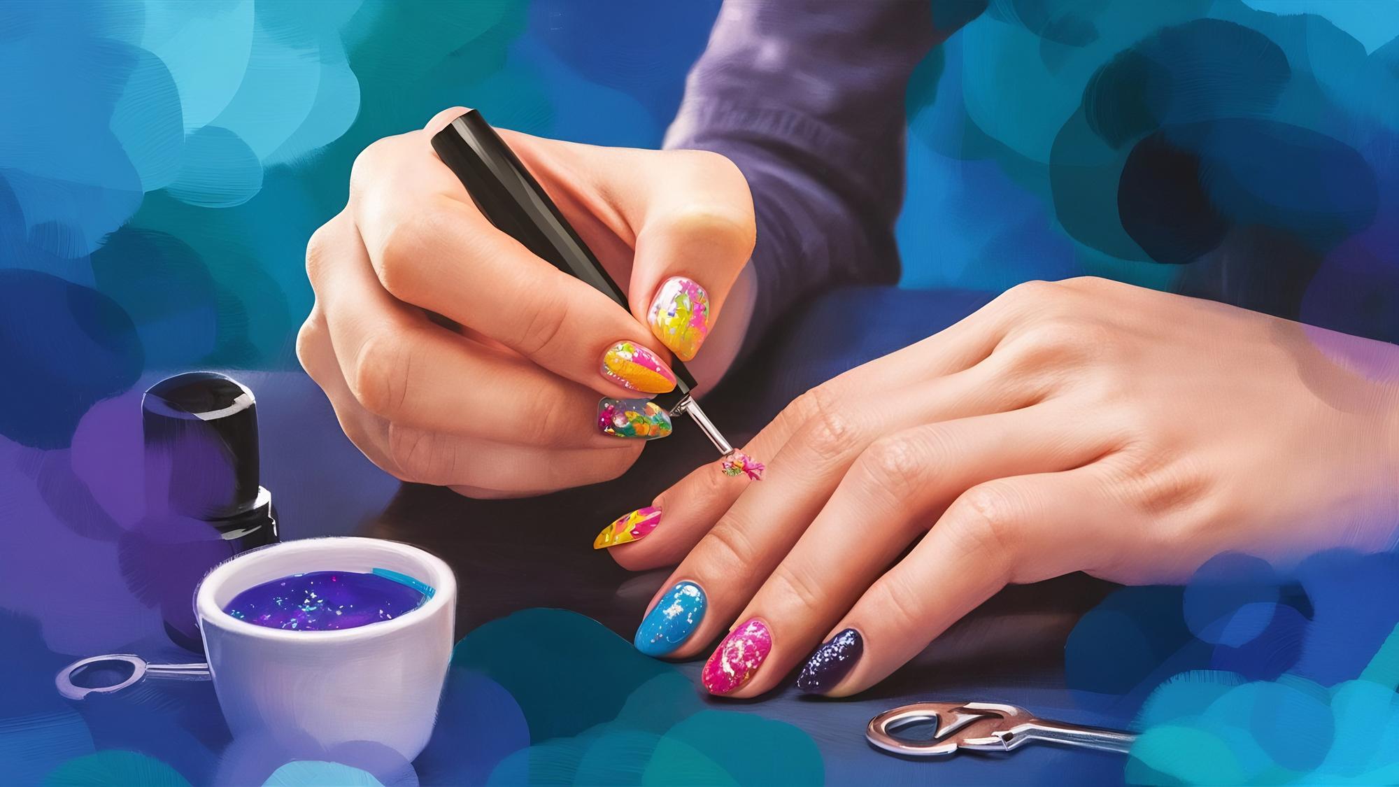 Watercolor nails design with pastel colors on a woman's hands in a Tunisian salon